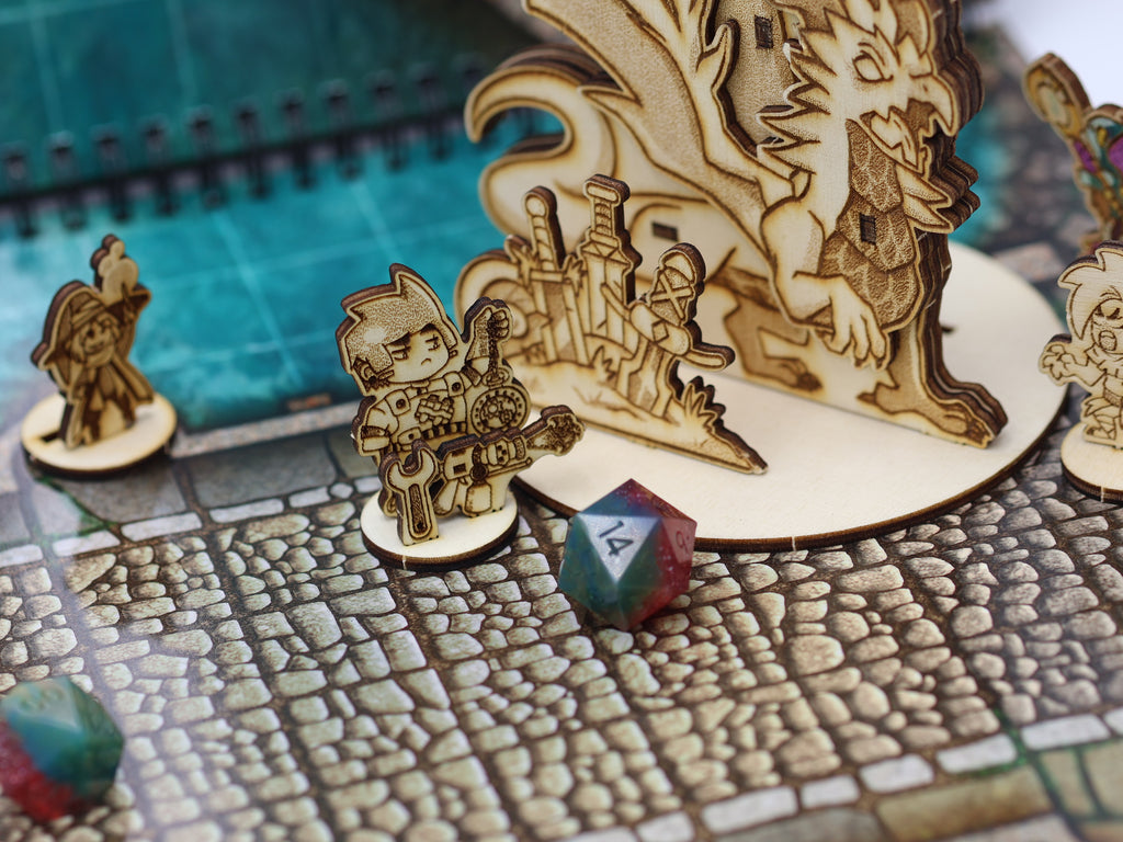 Wooden gaming DnD mini and dice on a board game surface with a dragon illustration.