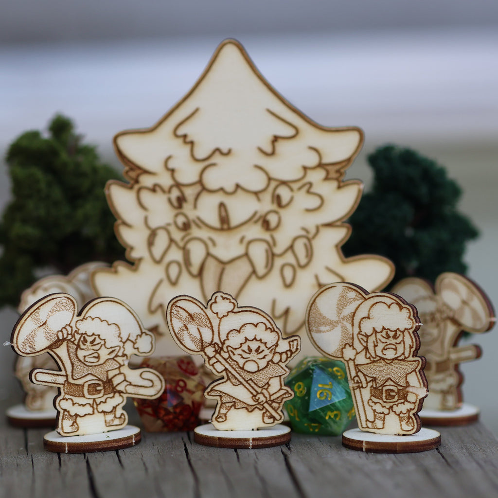 Mimic tree and santas little elfs dnd miniatures for ttrpgs wooden 2D