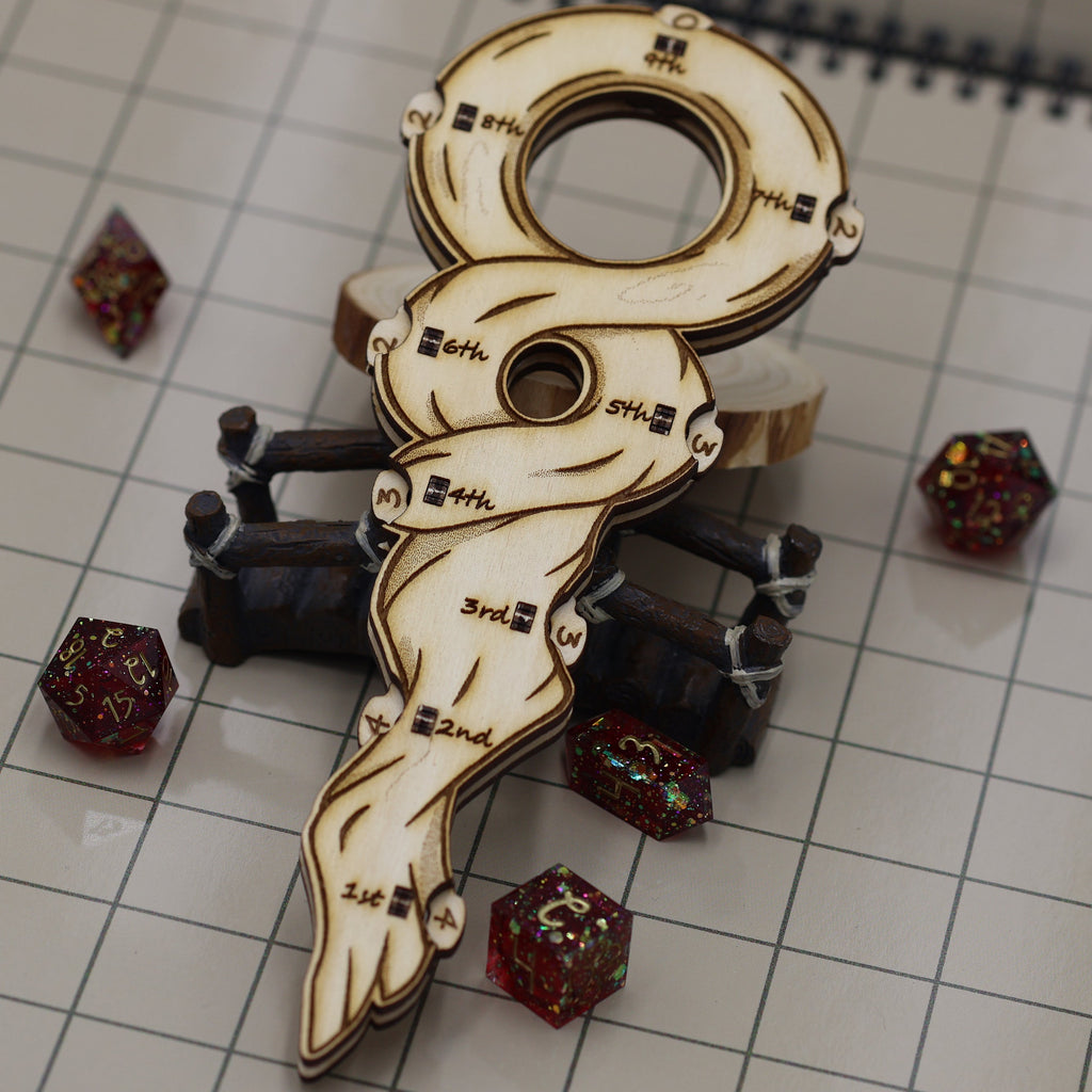 Spell tracker tracker for DnD made of wood and shaped like a staff