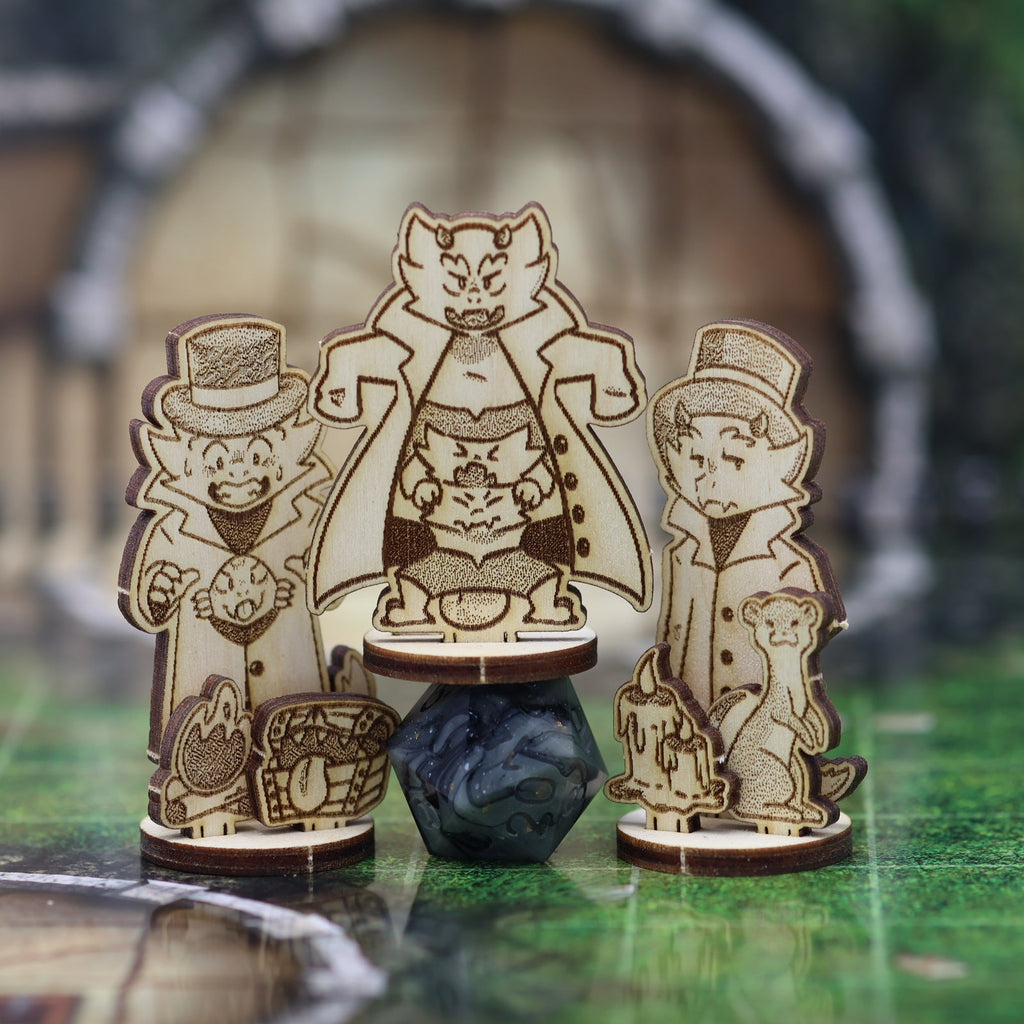 3 kobolds in a trench coat dnd miniatures 2D wooden standees or dragonborns